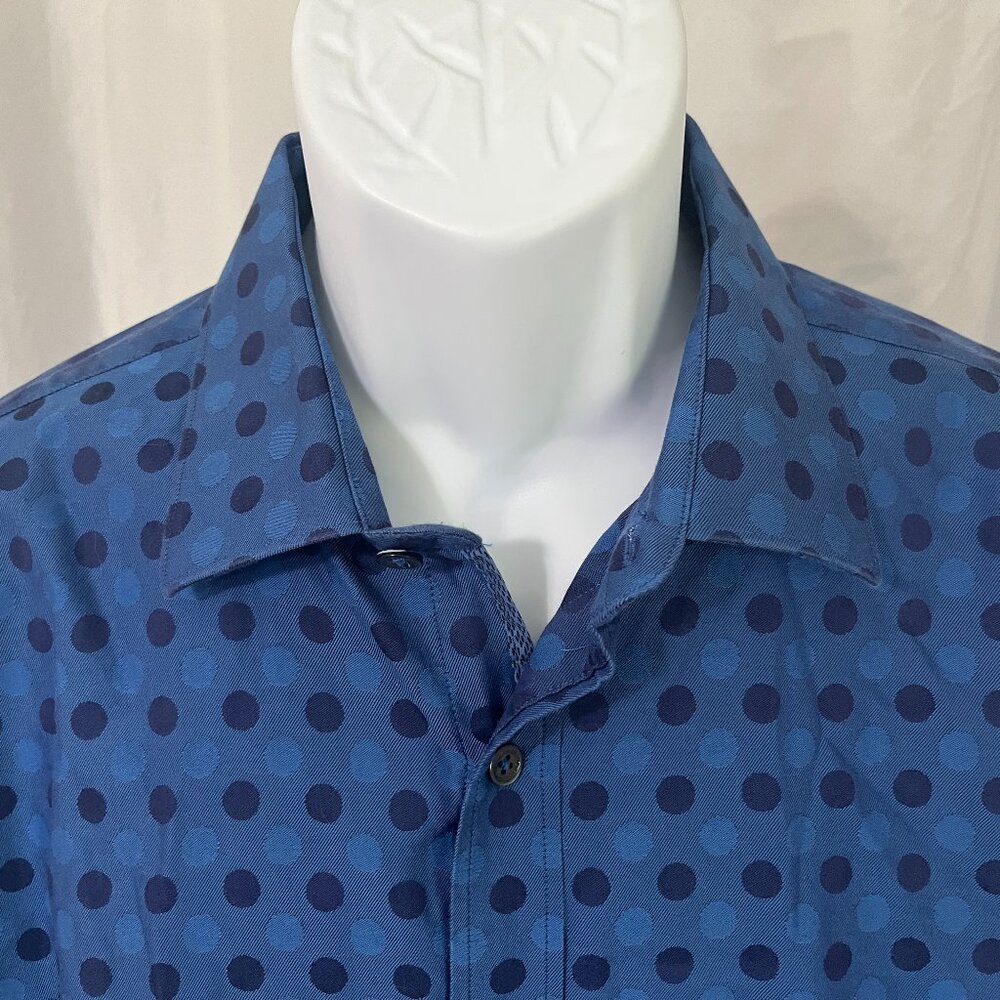 🔵 Bugatchi Men’s L Blue Dot Print Flip Cuff Long Sleeve Button Shirt EUC ✨